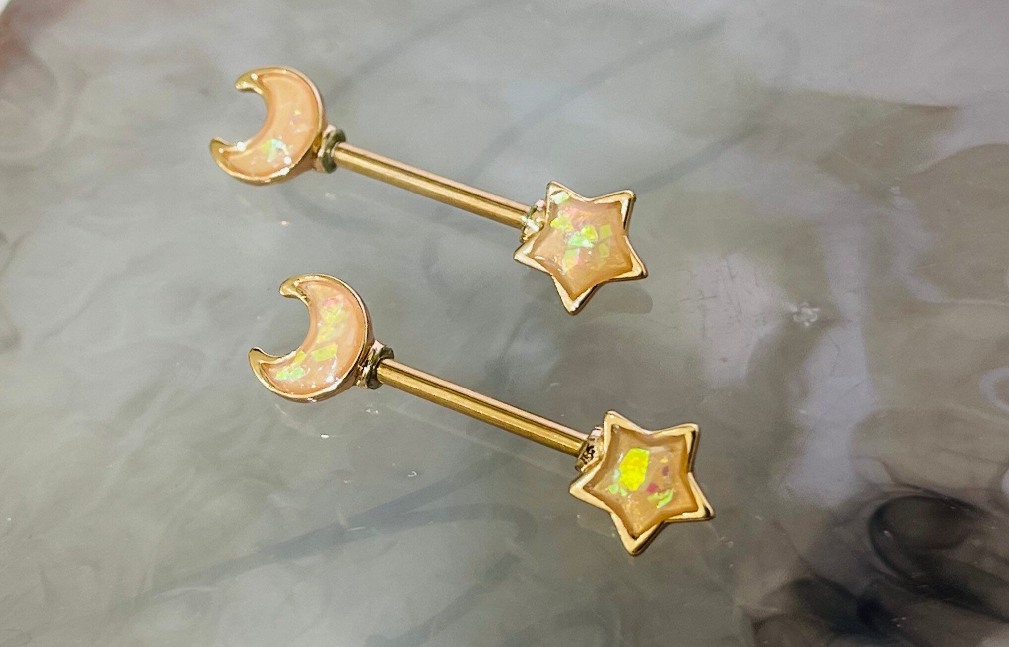 Pair of 14G Rose Gold Star and Crescent Moon with White Opal Glitter Nipple Barbell Ring. Nipple Piercings. Nipple Jewelry. Nipple Rings