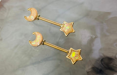 Pair of 14G Rose Gold Star and Crescent Moon with White Opal Glitter Nipple Barbell Ring. Nipple Piercings. Nipple Jewelry. Nipple Rings