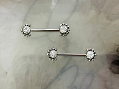 Pair of 14G Implant Grade Titanium Internally Threaded Clear Gems Beaded Edge Nipple Barbell. Nipple Piercing. Nipple Jewelry