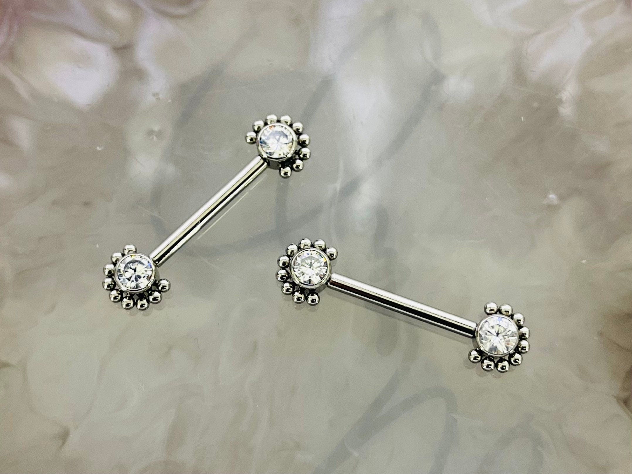 Pair of 14G Implant Grade Titanium Internally Threaded Clear Gems Beaded Edge Nipple Barbell. Nipple Piercing. Nipple Jewelry