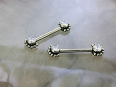 Pair of 14G Implant Grade Titanium Internally Threaded Clear Gems Beaded Edge Nipple Barbell. Nipple Piercing. Nipple Jewelry