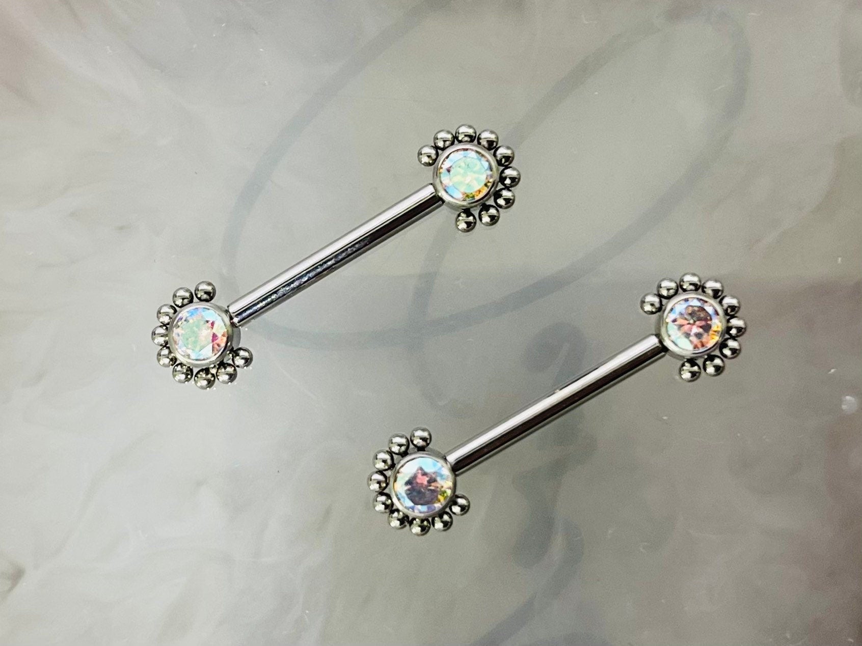 Pair of 14G Implant Grade Titanium Internally Threaded Multicolor Gems Beaded Edge Nipple Barbell. Nipple Piercing. Nipple Jewelry