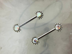 Pair of 14G Implant Grade Titanium Internally Threaded Multicolor Gems Beaded Edge Nipple Barbell. Nipple Piercing. Nipple Jewelry