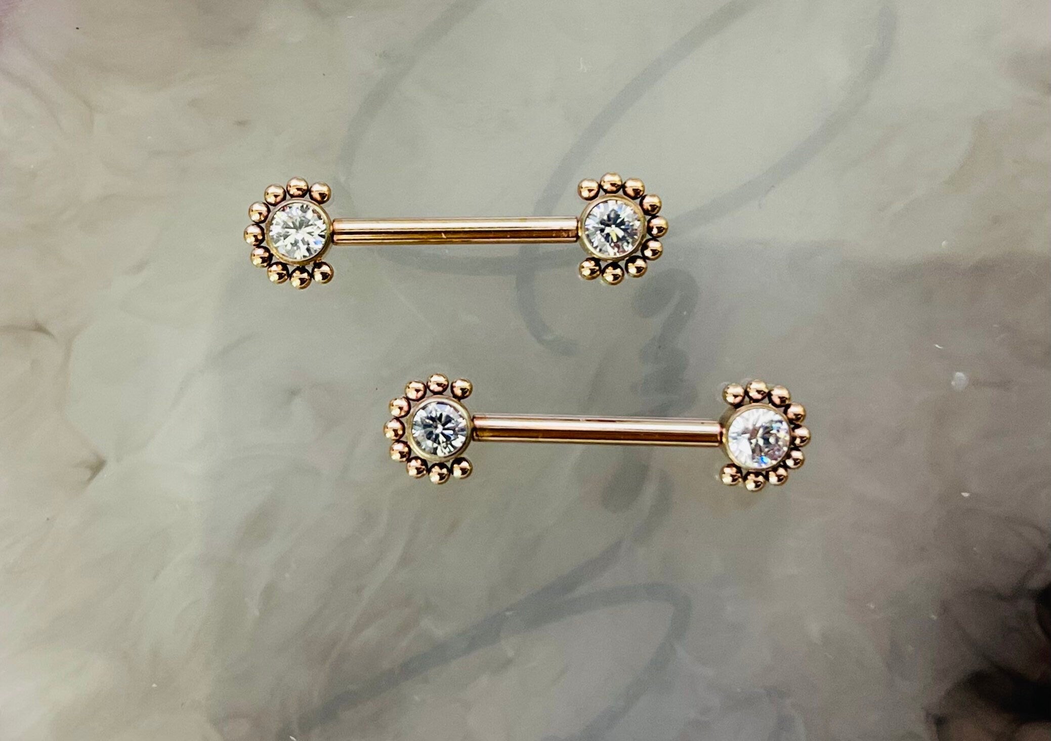 Pair of 14G Rose Gold Implant Grade Titanium Internally Threaded Clear Gems Beaded Edge Nipple Barbell. Nipple Piercing. Nipple Jewelry