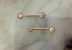 Pair of 14G Rose Gold Implant Grade Titanium Internally Threaded Clear Gems Beaded Edge Nipple Barbell. Nipple Piercing. Nipple Jewelry