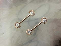 Pair of 14G Rose Gold Implant Grade Titanium Internally Threaded Clear Gems Beaded Edge Nipple Barbell. Nipple Piercing. Nipple Jewelry