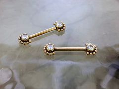 Pair of 14G Rose Gold Implant Grade Titanium Internally Threaded Clear Gems Beaded Edge Nipple Barbell. Nipple Piercing. Nipple Jewelry