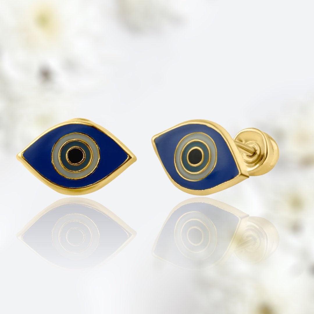 14K Yellow Gold Evil Eye Screw Back Earrings