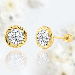 Dainty 14 Karat Yellow Clear Gem Bezel Set Screw Back Earrings