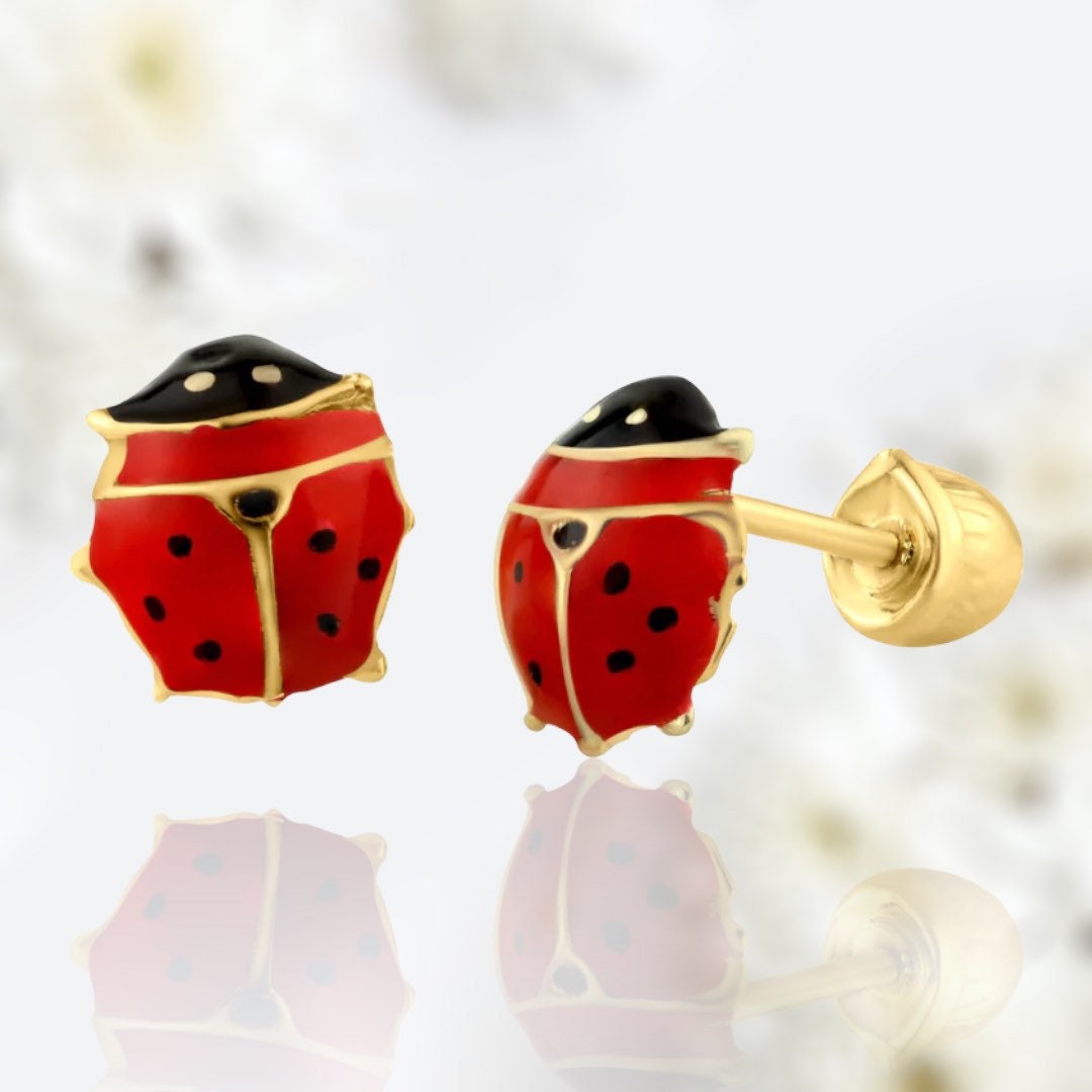 Dainty 14 Karat Yellow Gold Lady Bug Screw Back Earring