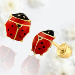 Dainty 14 Karat Yellow Gold Lady Bug Screw Back Earring