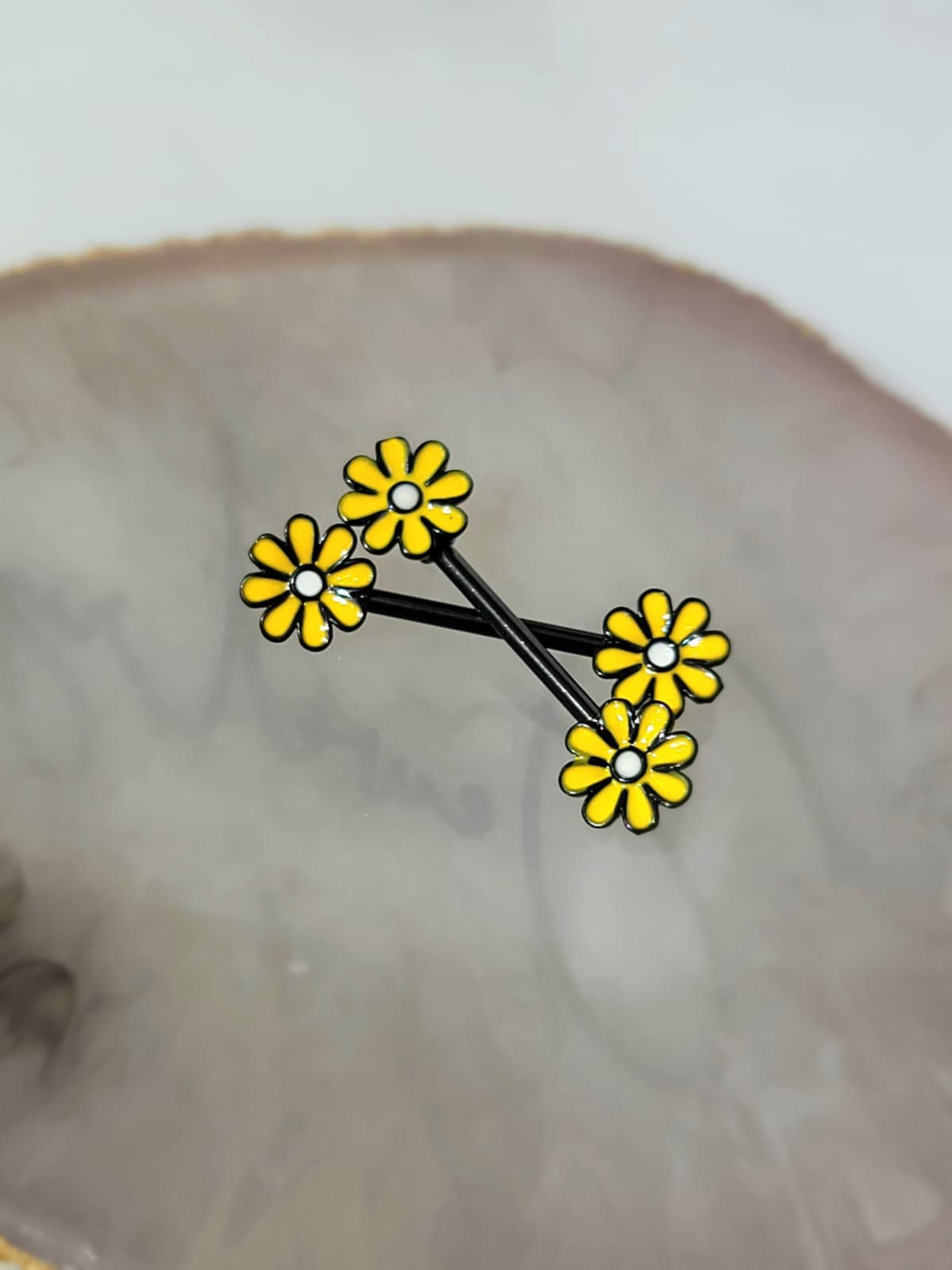 Pair of 14G Black and Yellow Daisy Flower Ends Nipple Barbell