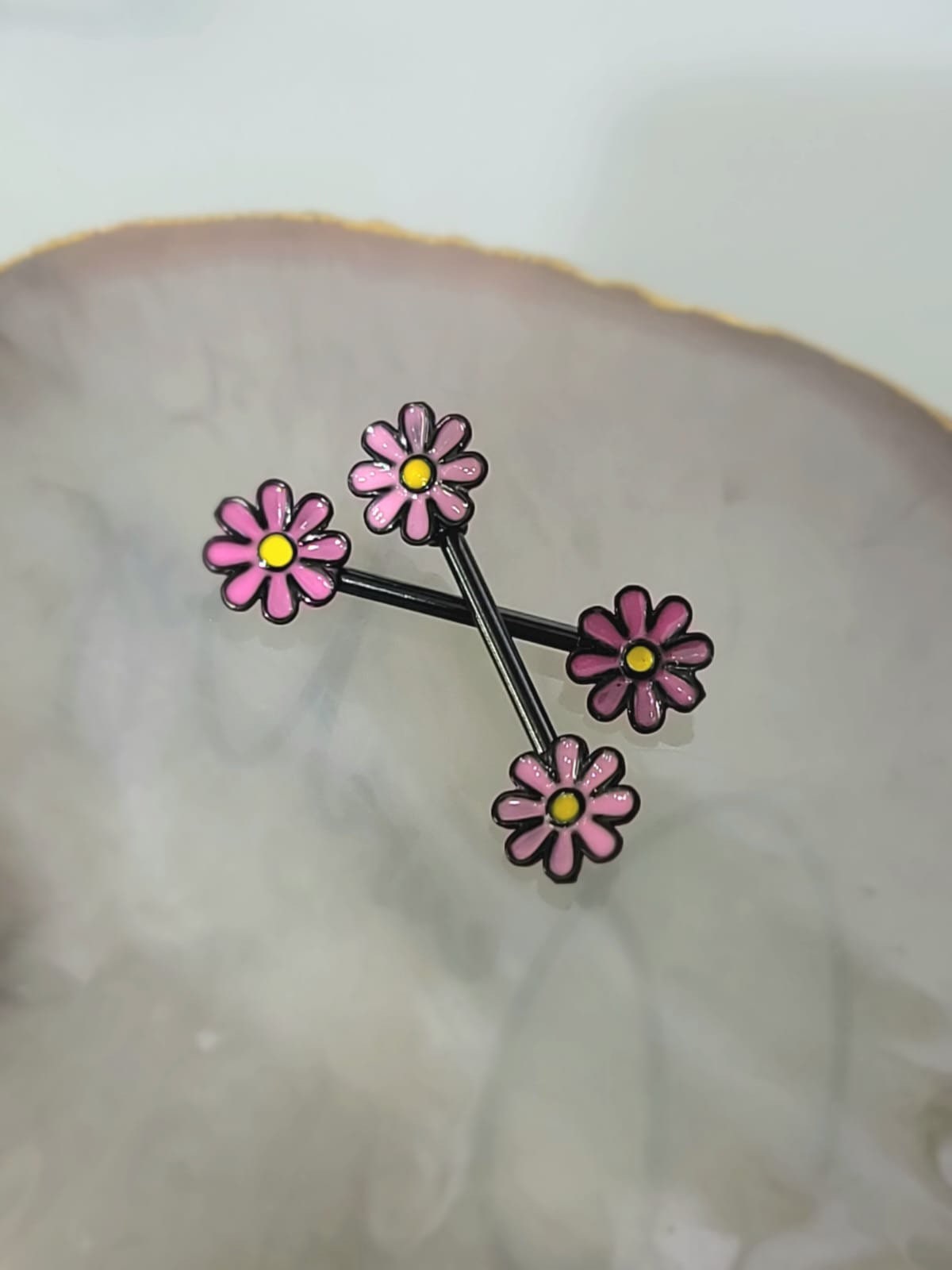 Pair of 14G Black and Pink Daisy Flower Ends Nipple Barbell