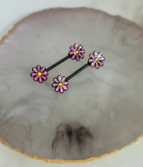 Pair of 14G Black and Pink Daisy Flower Ends Nipple Barbell