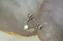 Pair of 14G Silver White Opal Center Filigree  Dangling Nipple Barbell