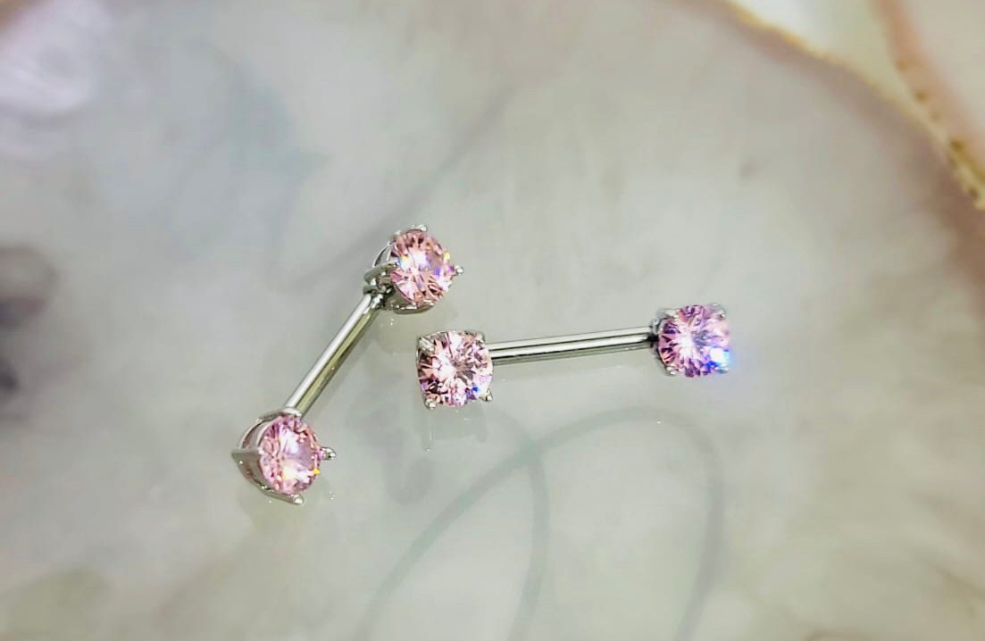 Pair of 14G Pink Gem Ends Nipple Barbell