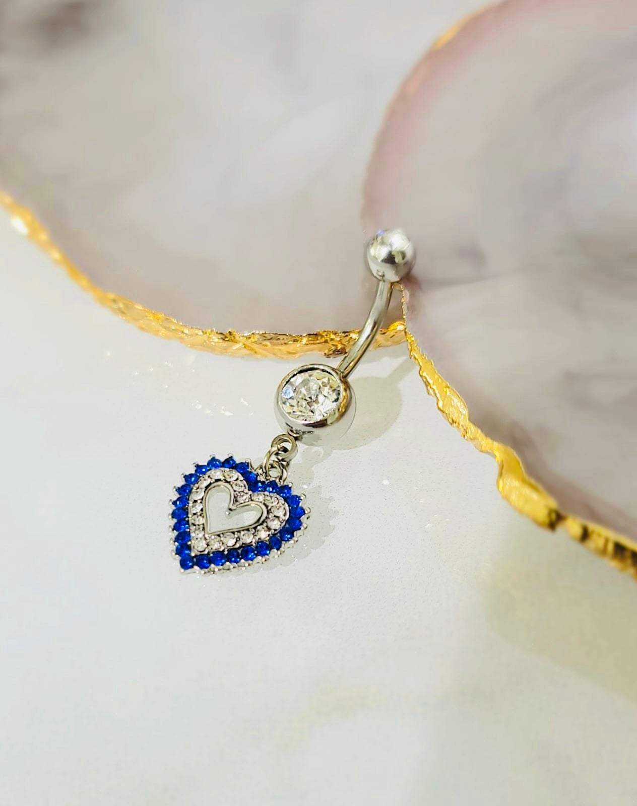 14G Silver Blue Heart Dangling Belly Button Ring