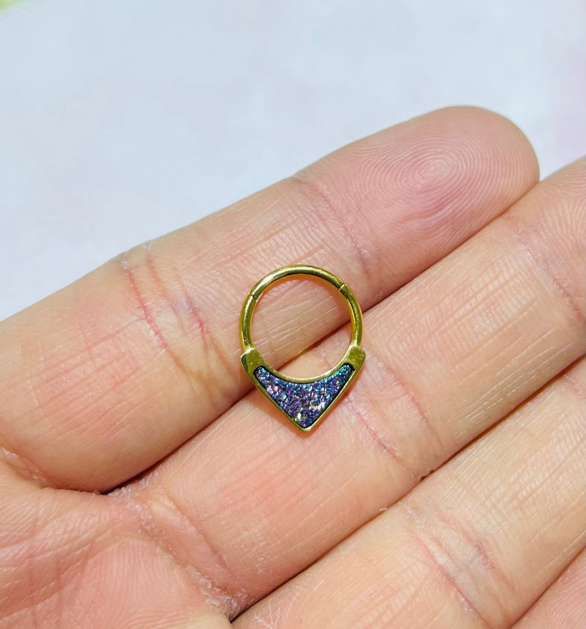 16G Gold Druzy Inlay Teardrop Style 8mm Septum Clicker. Septum Ring. Septum Jewelry. Nose Ring. Septum Piercing. Body Jewelry.