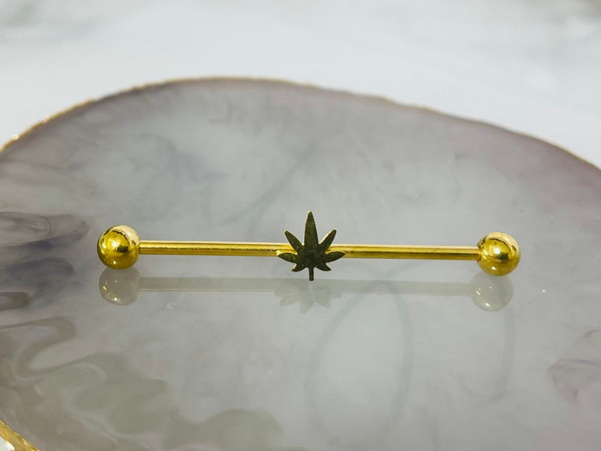 14G Gold Plain Marijuana Industrial Barbell