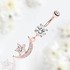 14G Rose Gold Dainty Moon & Star Dangling Belly Button Ring