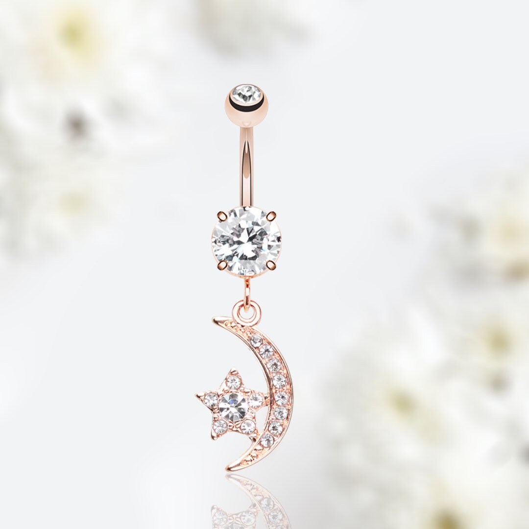 14G Rose Gold Dainty Moon & Star Dangling Belly Button Ring