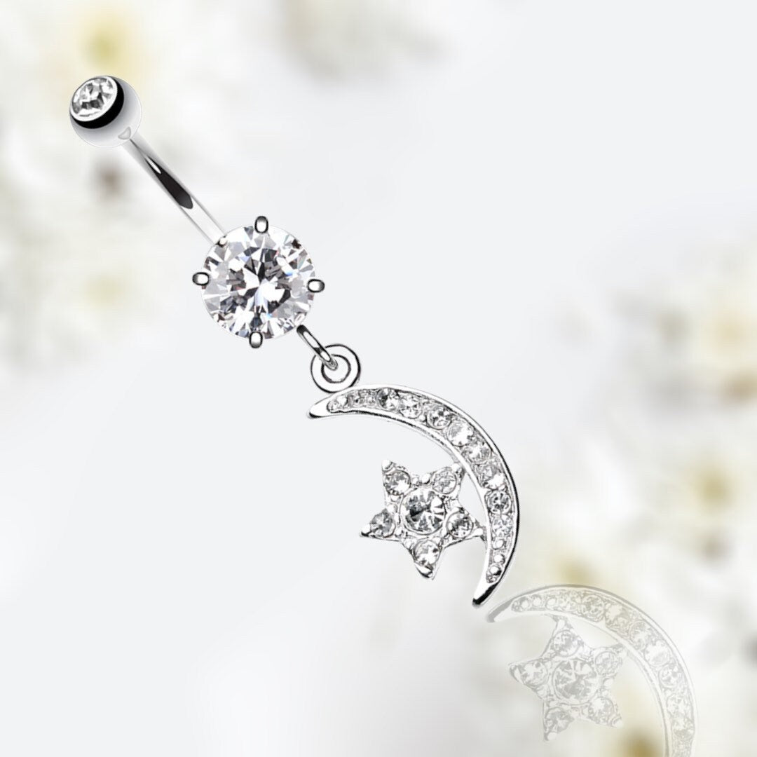 14G Silver Dainty Moon & Star Dangling Belly Button Ring