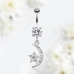 14G Silver Dainty Moon & Star Dangling Belly Button Ring