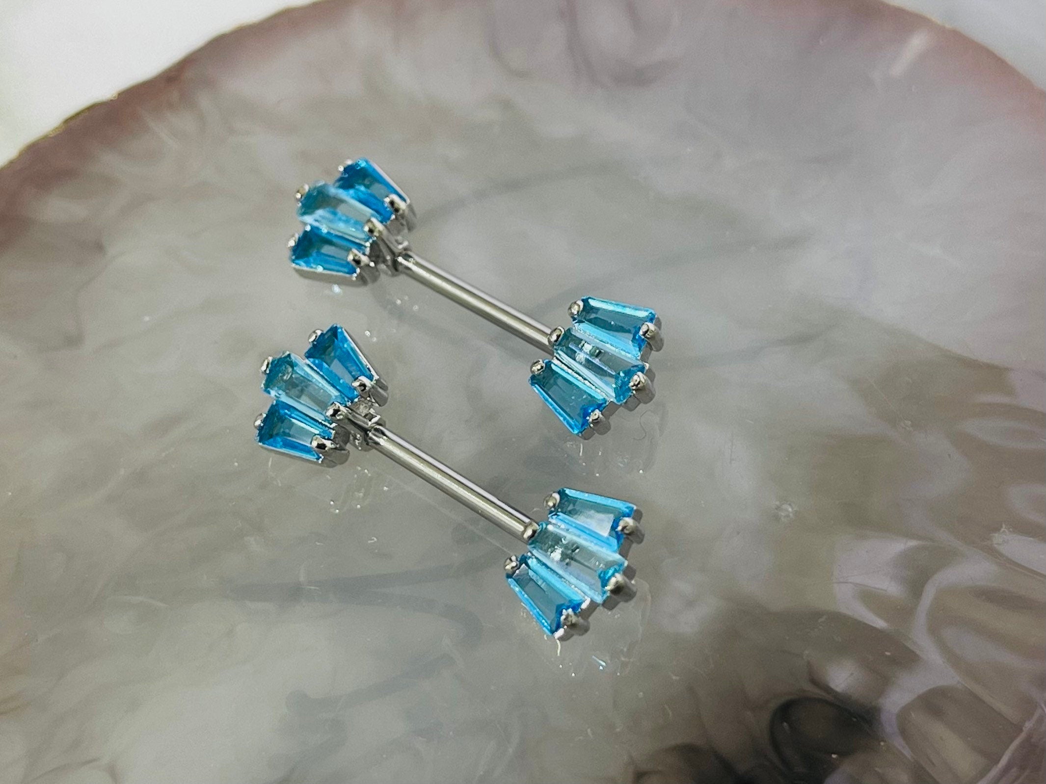 Pair of 14G Sparkling Blue Gem Fan Nipple Barbell. Nipple Piercing. Nipple Jewelry. Nipple Rings