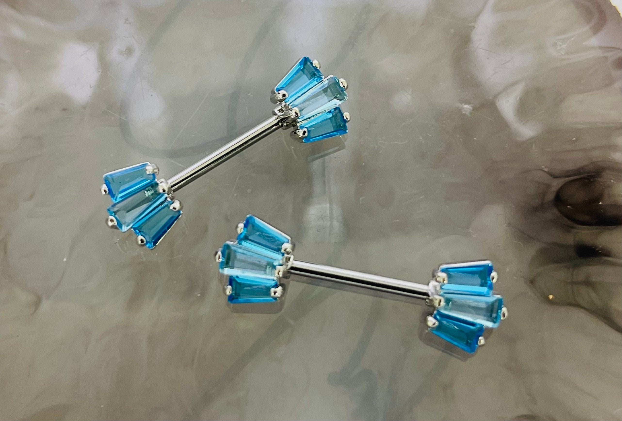 Pair of 14G Sparkling Blue Gem Fan Nipple Barbell. Nipple Piercing. Nipple Jewelry. Nipple Rings