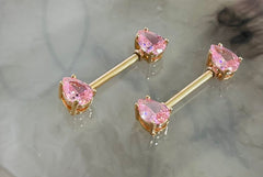 Pair of 14G Pink Teardrop Gems with Rose Gold Accent Nipple Barbells. Nipple Rings. Nipple Piercing. Nipple Jewelry.