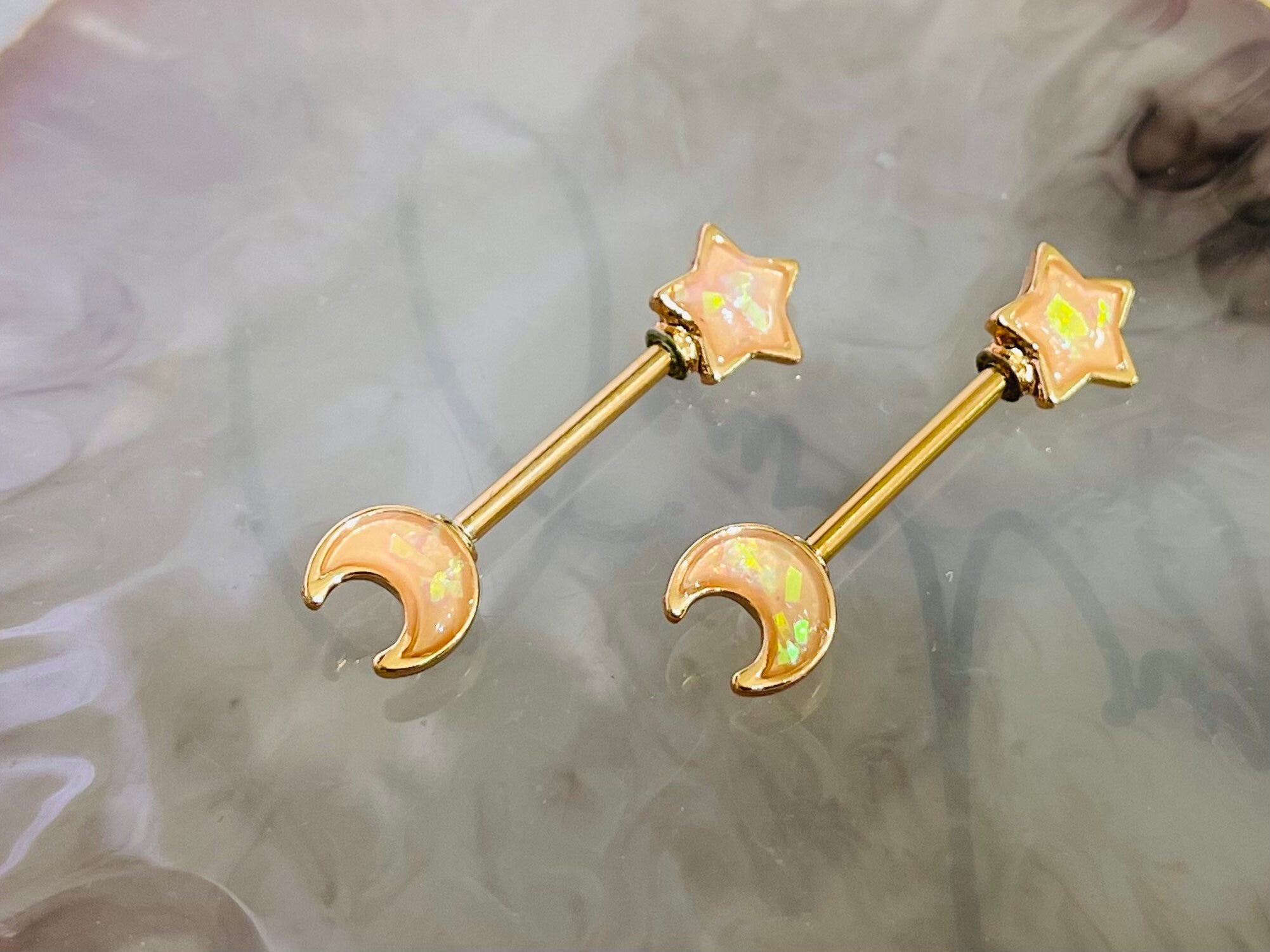 Pair of 14G Rose Gold Star and Crescent Moon with White Opal Glitter Nipple Barbell Ring. Nipple Piercings. Nipple Jewelry. Nipple Rings