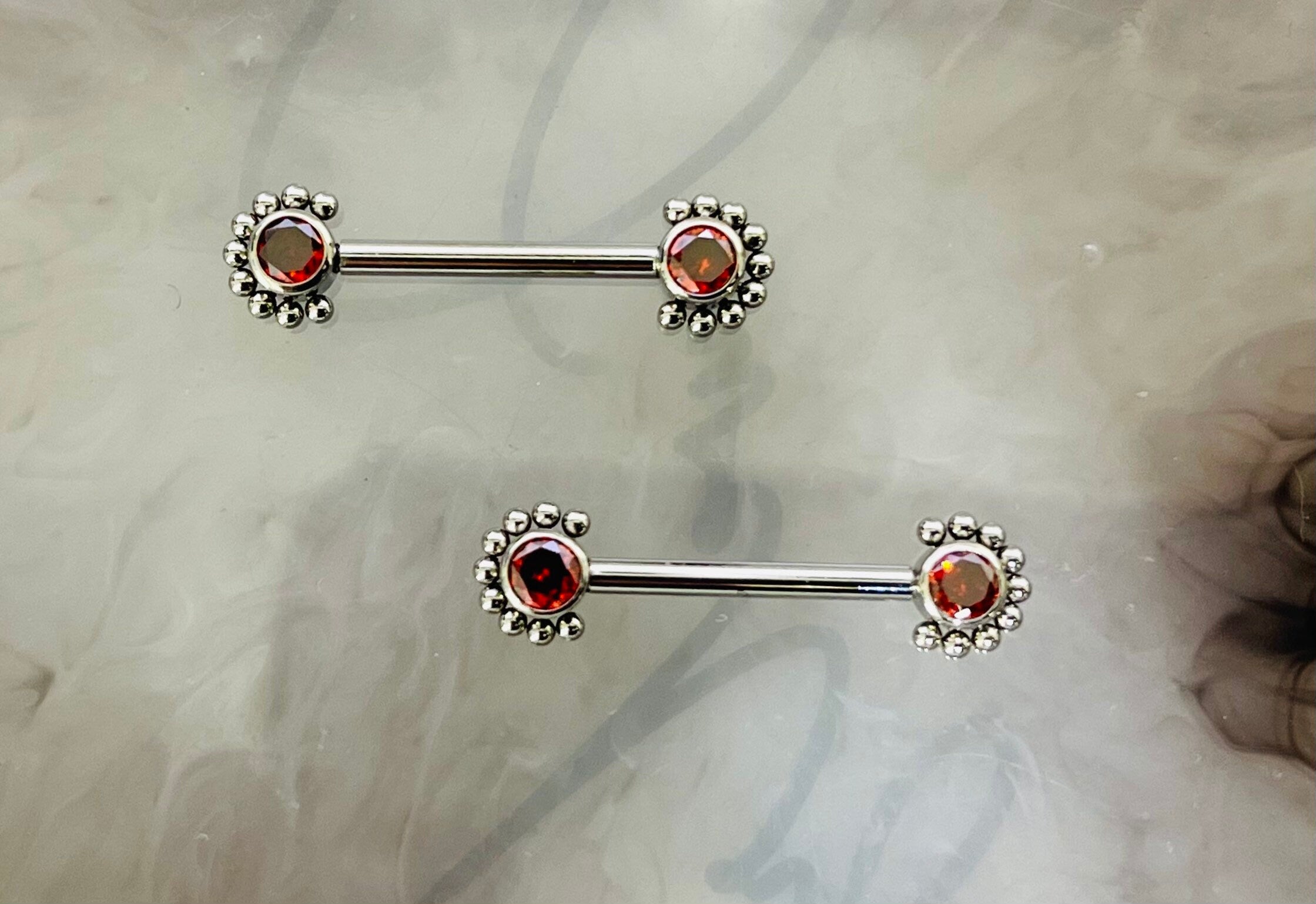 Pair of 14G Implant Grade Titanium Internally Threaded Red Gems Beaded Edge Nipple Barbell. Nipple Piercing. Nipple Jewelry