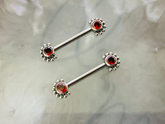 Pair of 14G Implant Grade Titanium Internally Threaded Red Gems Beaded Edge Nipple Barbell. Nipple Piercing. Nipple Jewelry