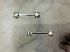 Pair of 14G Implant Grade Titanium Internally Threaded Multicolor Gems Beaded Edge Nipple Barbell. Nipple Piercing. Nipple Jewelry