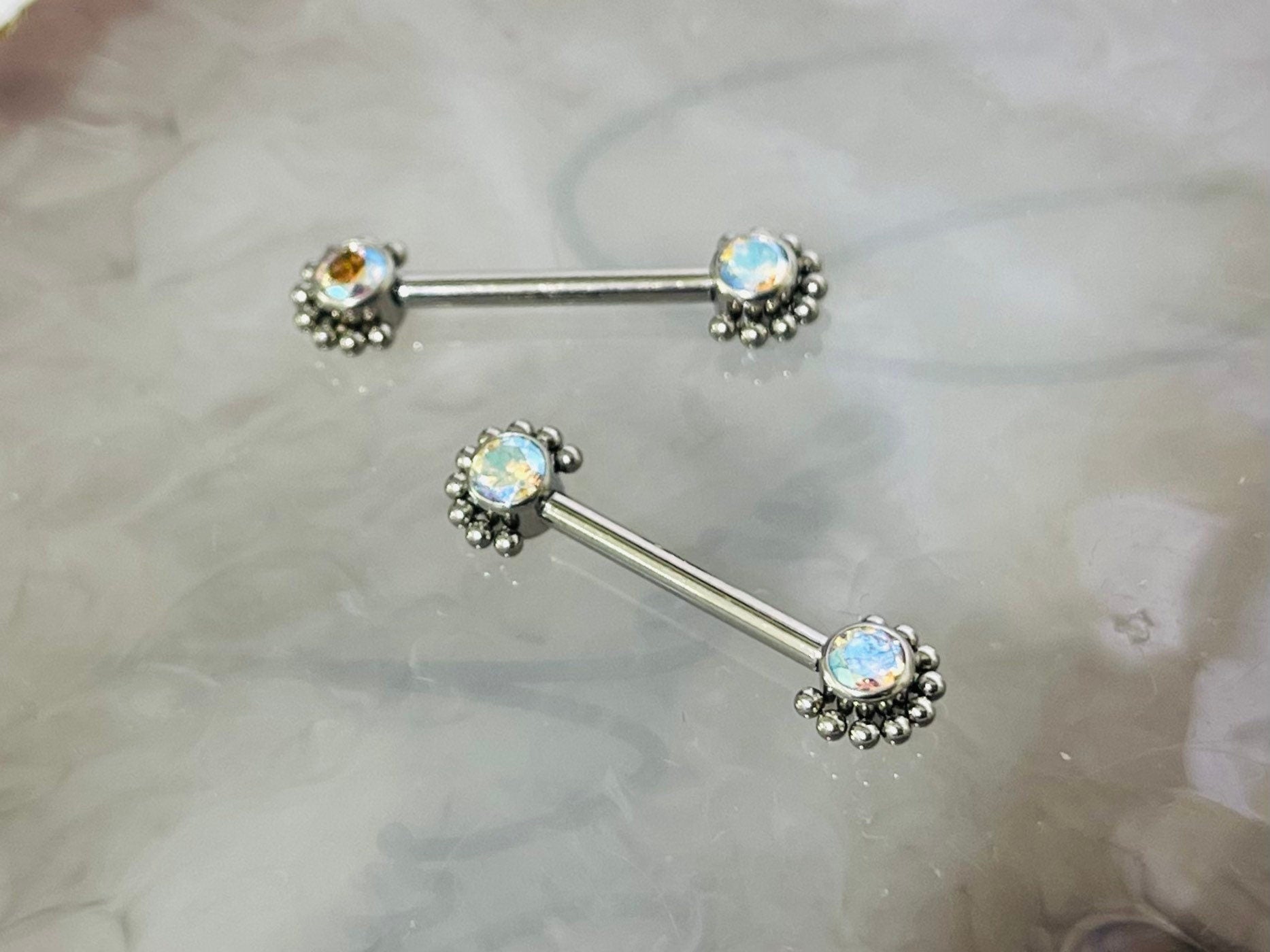 Pair of 14G Implant Grade Titanium Internally Threaded Multicolor Gems Beaded Edge Nipple Barbell. Nipple Piercing. Nipple Jewelry