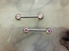 Pair of 14G Implant Grade Titanium Internally Threaded Pink Gems Beaded Edge Nipple Barbell. Nipple Piercing. Nipple Jewelry