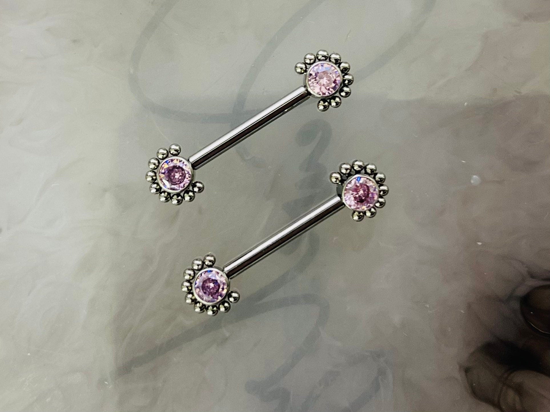 Pair of 14G Implant Grade Titanium Internally Threaded Pink Gems Beaded Edge Nipple Barbell. Nipple Piercing. Nipple Jewelry