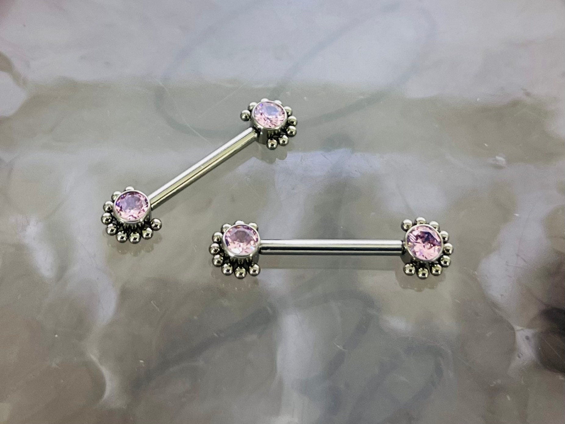 Pair of 14G Implant Grade Titanium Internally Threaded Pink Gems Beaded Edge Nipple Barbell. Nipple Piercing. Nipple Jewelry