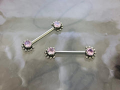 Pair of 14G Implant Grade Titanium Internally Threaded Pink Gems Beaded Edge Nipple Barbell. Nipple Piercing. Nipple Jewelry