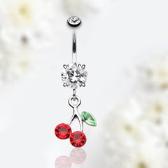 14G Silver Red & Clear Gem Cherry on Top Belly Button Ring