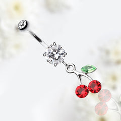 14G Silver Red & Clear Gem Cherry on Top Belly Button Ring