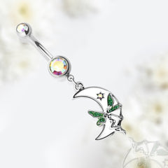 14G Silver White Moon & Fairy Dangling Belly Button Ring • Navel Ring • Belly Piercing