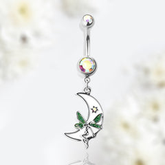 14G Silver White Moon & Fairy Dangling Belly Button Ring • Navel Ring • Belly Piercing