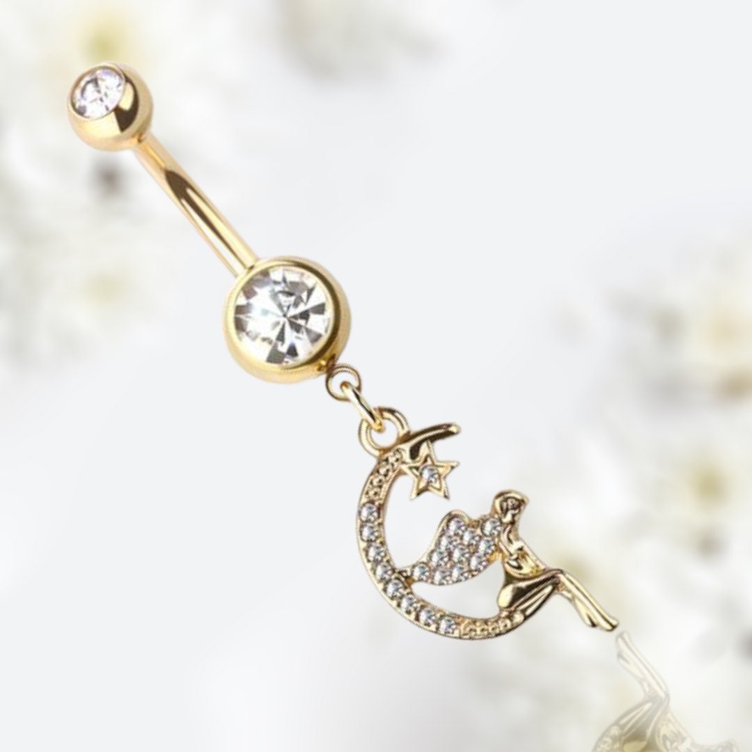 Gold Clear Gem Moon & Fairy Dangling Belly Button Ring • Navel Ring • Belly Piercing