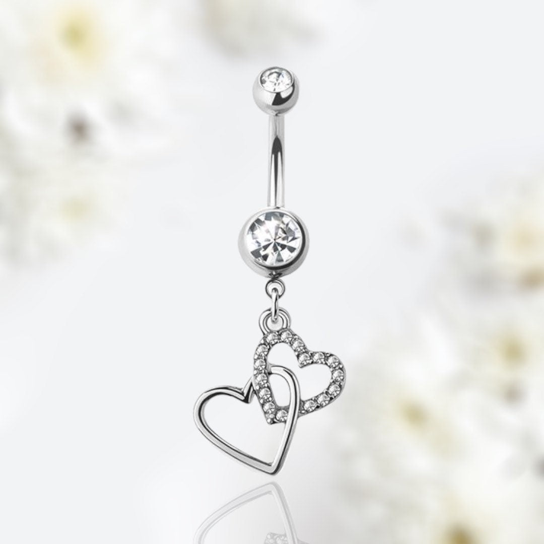 Silver Double Heart Dangling Belly Button Ring • Navel Ring • Belly Piercing