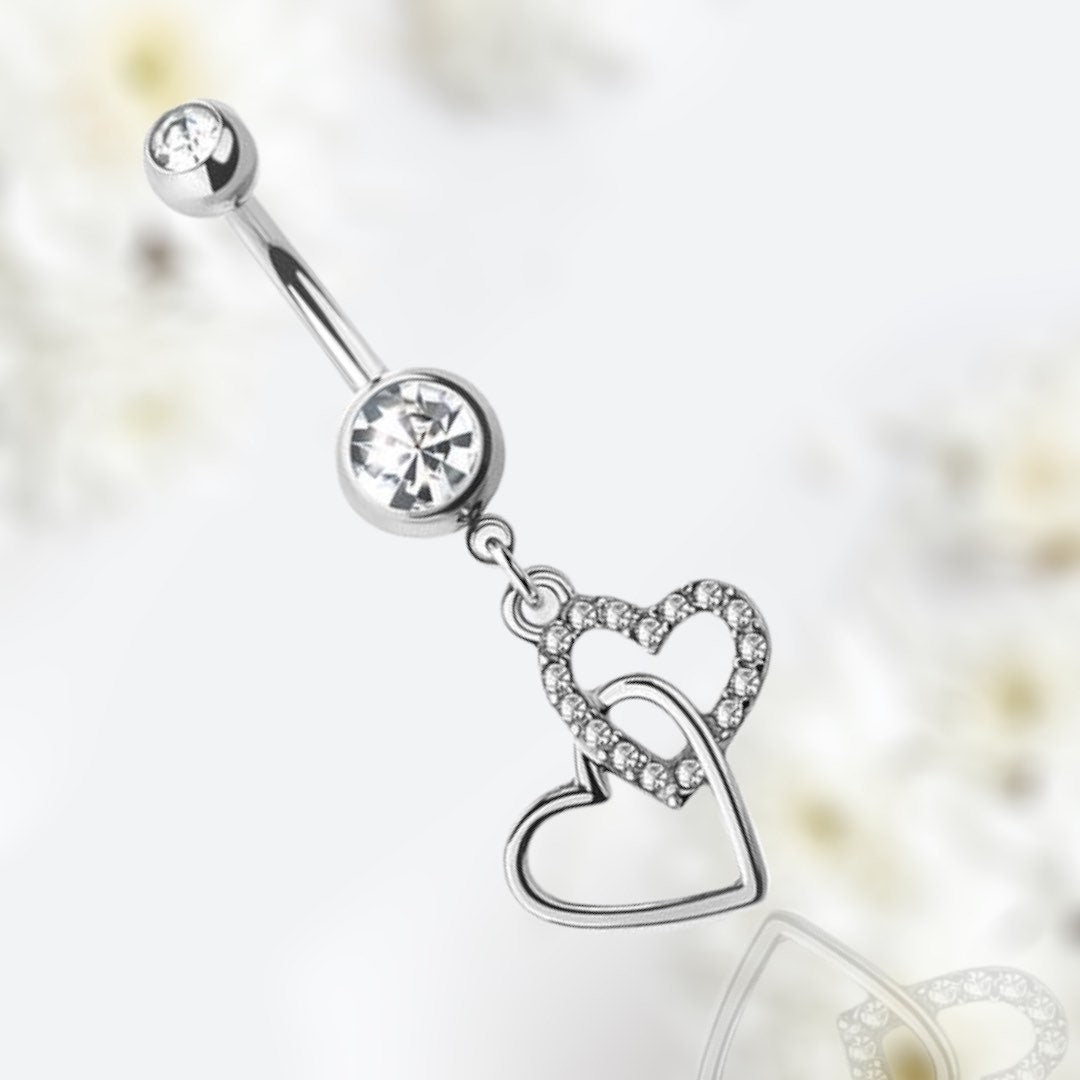 Silver Double Heart Dangling Belly Button Ring • Navel Ring • Belly Piercing