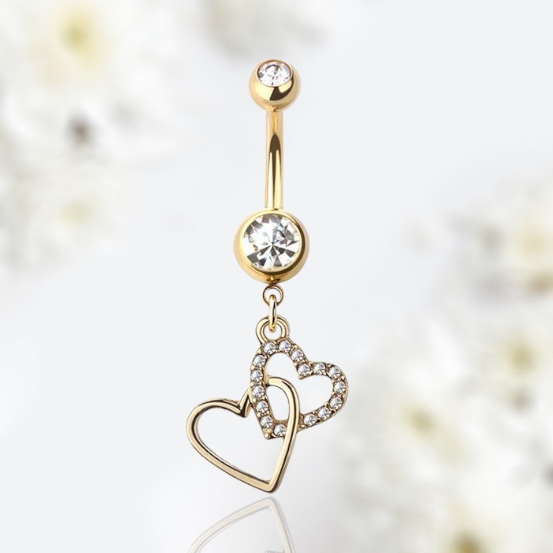 Dainty Gold Dangling Double Heart Belly Button Ring, Navel Ring, Body Jewelry