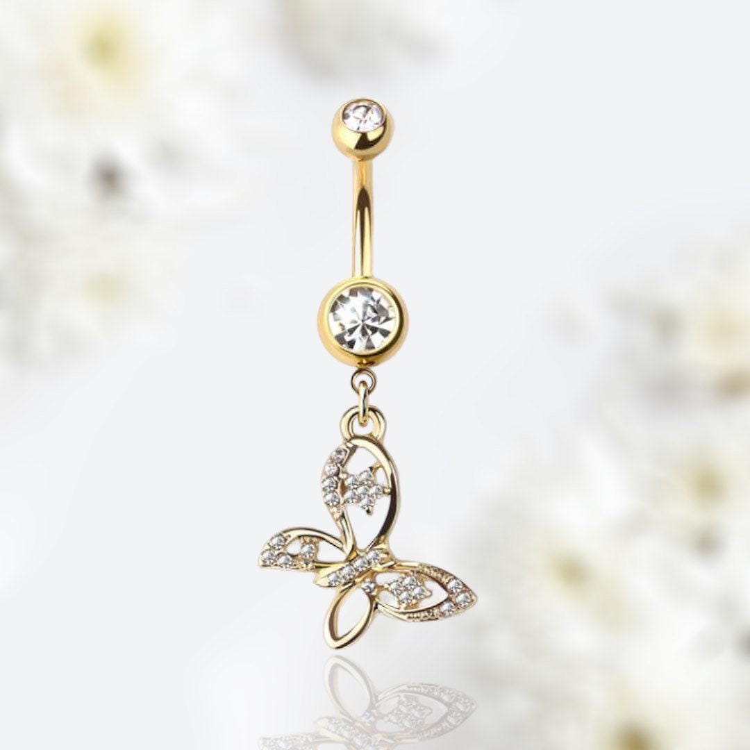 Dainty Gold Clear Gem Dangling Butterfly Belly Button Ring