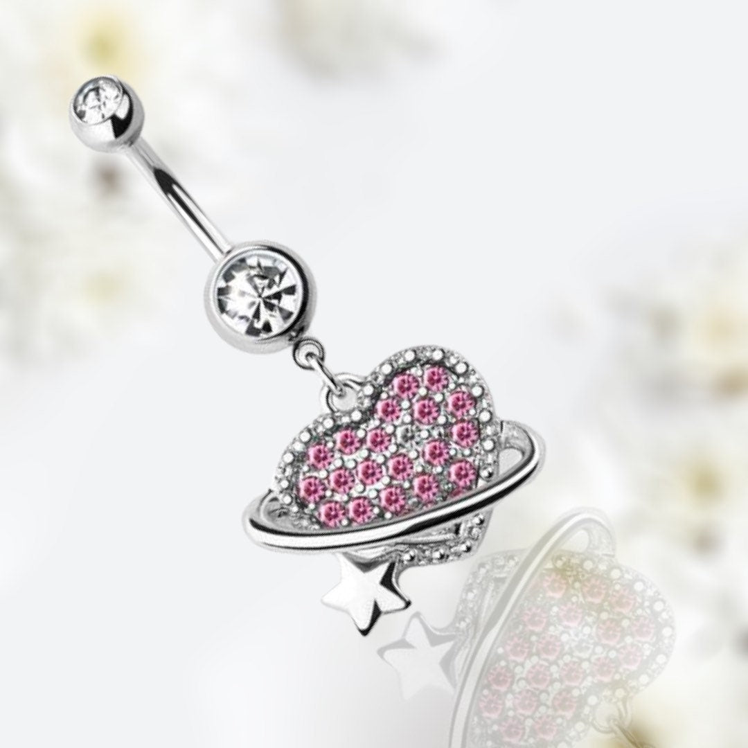 Silver Dangling Pink Heart Belly Button Ring • Navel Ring • Belly Piercing