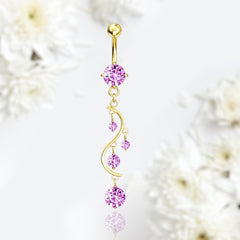 Gold Dangling Pink Solitaire Gems Belly Button Ring